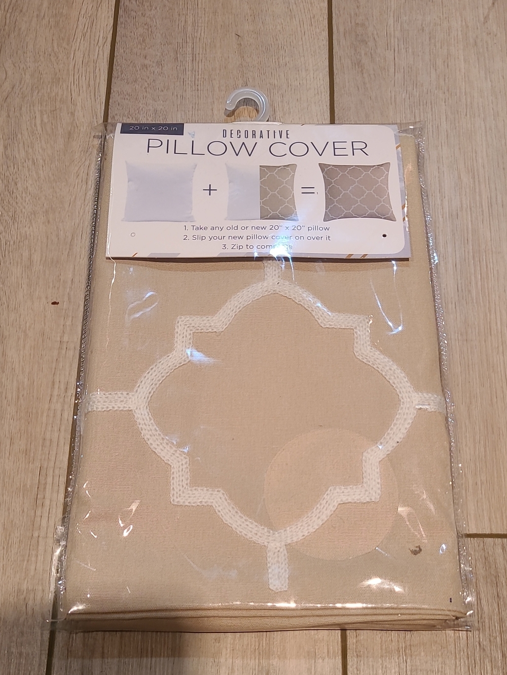 Decorative 20x20 Beige Pillow Cover with White Embroidered Pattern